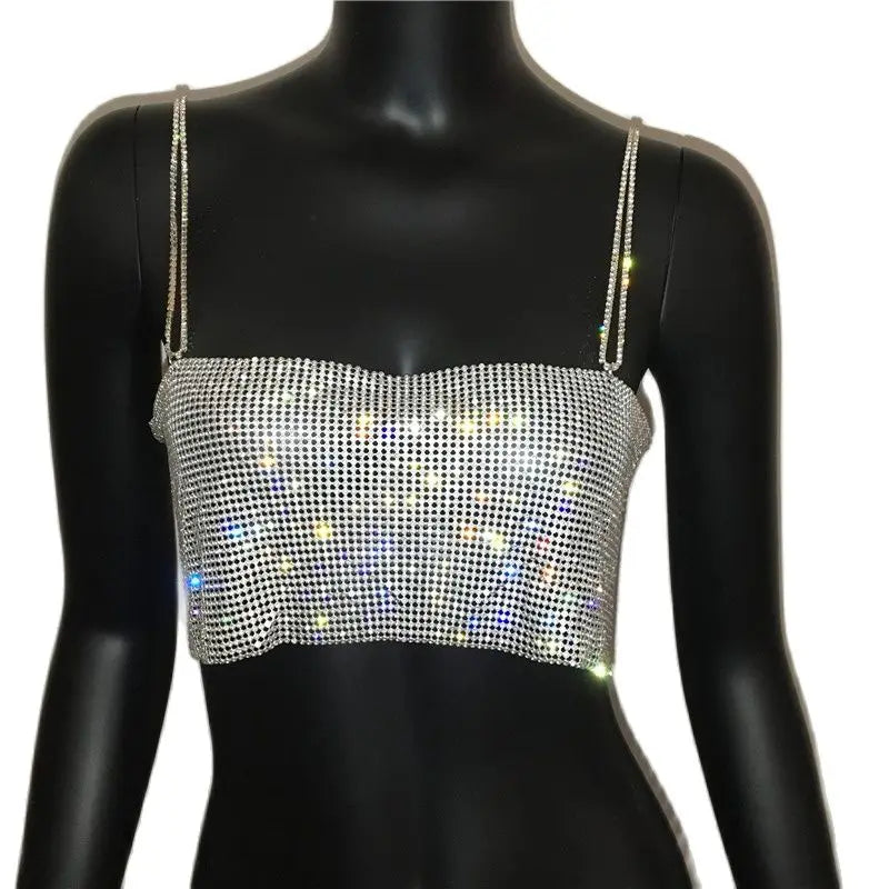 Sequin Crystal Chain Halter Tank Top - Festival & Stage Wear