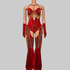 Rhinestone Bodysuit 4-Piece Set - Sparkly Showgirl Outfit with Flare Pants & Crystals