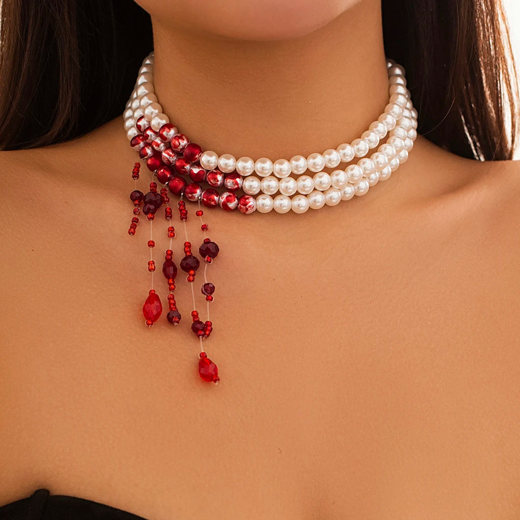 Pearl Choker | Red Crystal Drops