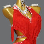 Red Rhinestone Latin Dance Dress with Fringe & Crystal Details