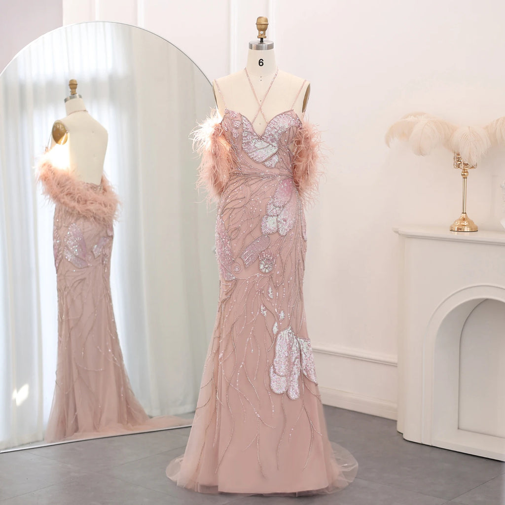 Feather Mermaid Pageant Gown | Beaded Tulle | Pink & Blue
