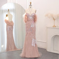 Feather Mermaid Pageant Gown | Beaded Tulle | Pink & Blue