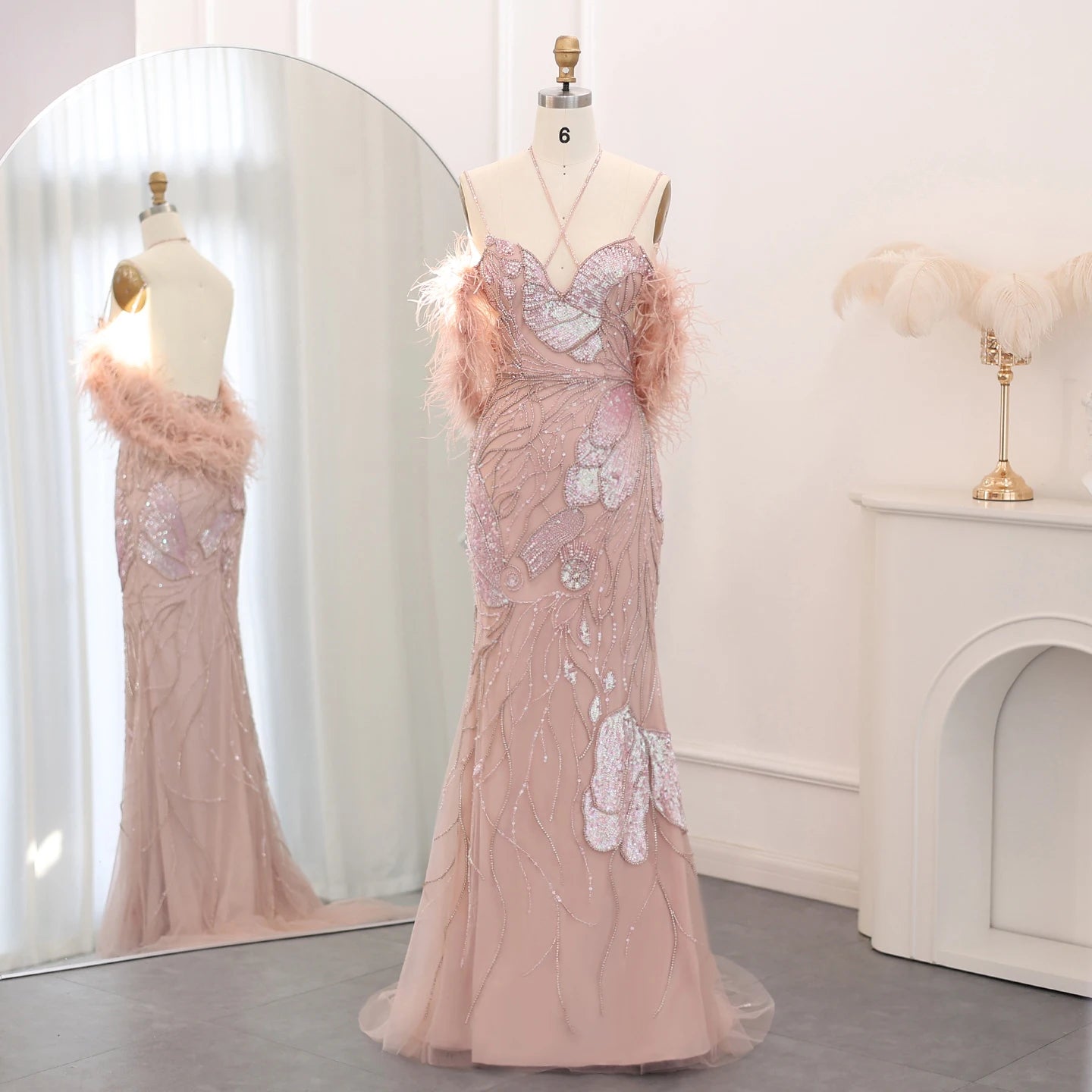 Feather Mermaid Pageant Gown | Beaded Tulle | Pink & Blue