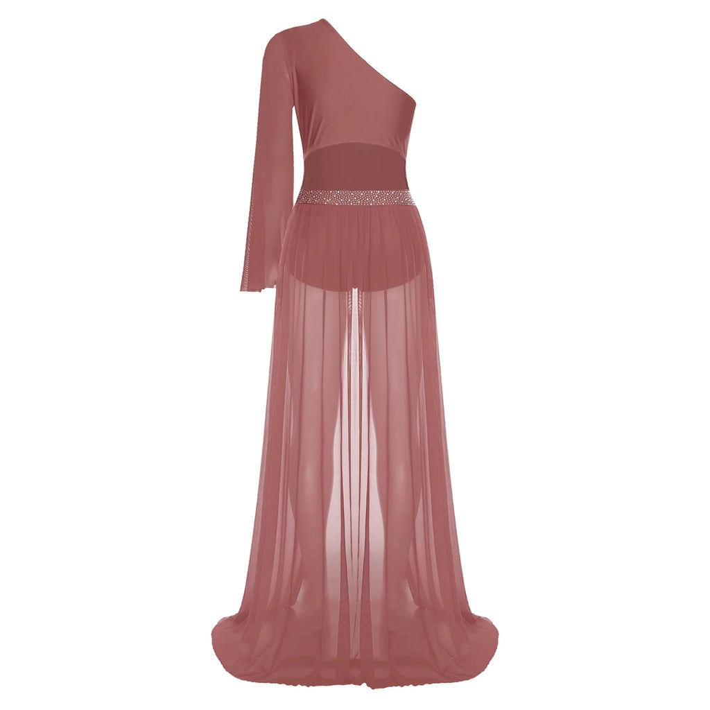 Women's Rhinestone One-Shoulder Lyrical Dance Dress | Flared Sleeve & Open-Front Mesh Maxi Skirt
