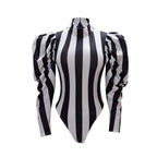 Striped Gothic Bodysuit | High Neck | Puff Sleeve