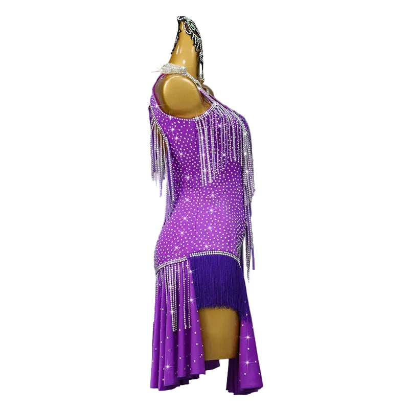Purple Rhinestone Latin Dance Dress with Fringe & Tassel Details