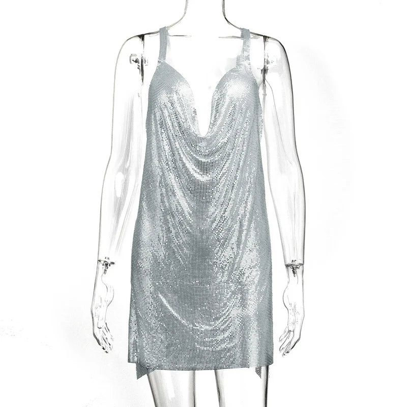 Sparkly Metal Sequin Halter Mini Dress - Backless Side Split Party Dress