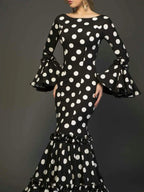 Elegant Party Long Dress Women Polka Dot Printed Ruffle Hem Sundress 2025 Bohemian Casual O-neck Flare Sleeve Slim Maxi Robe