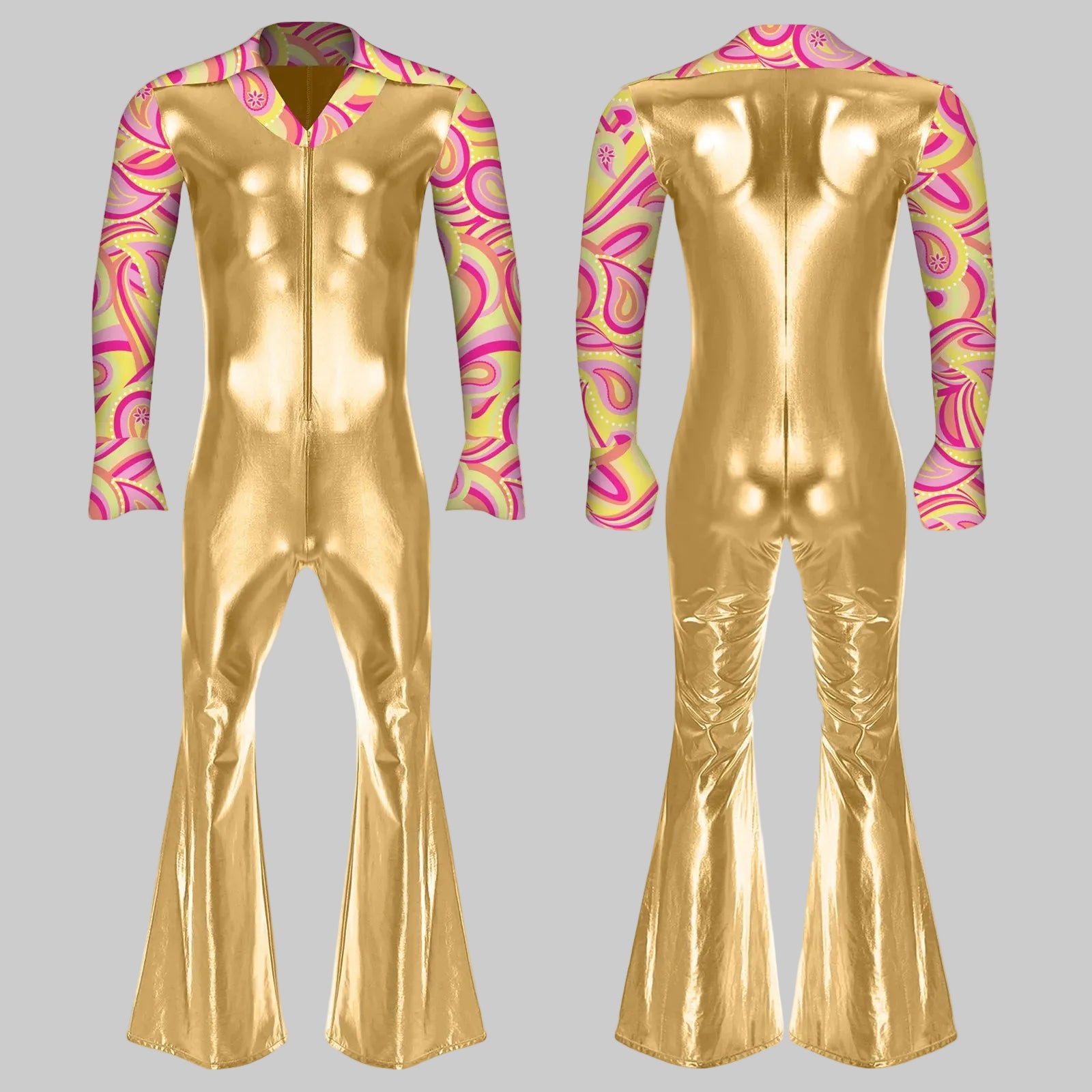 Men's 80s Disco Metallic Jumpsuit - Bell Bottom Performance Romper