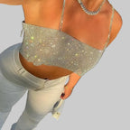 Sequin Crystal Chain Halter Tank Top - Festival & Stage Wear