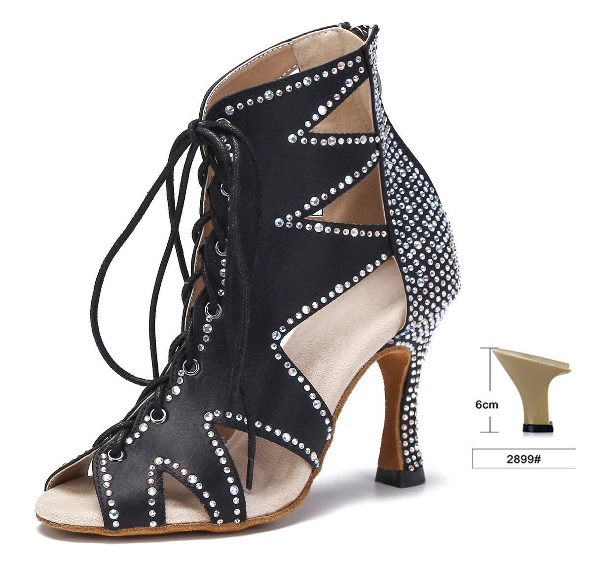 Rhinestone Lace-Up Latin Dance Booties | Black, Red, White & Nude | 6–9cm Heel