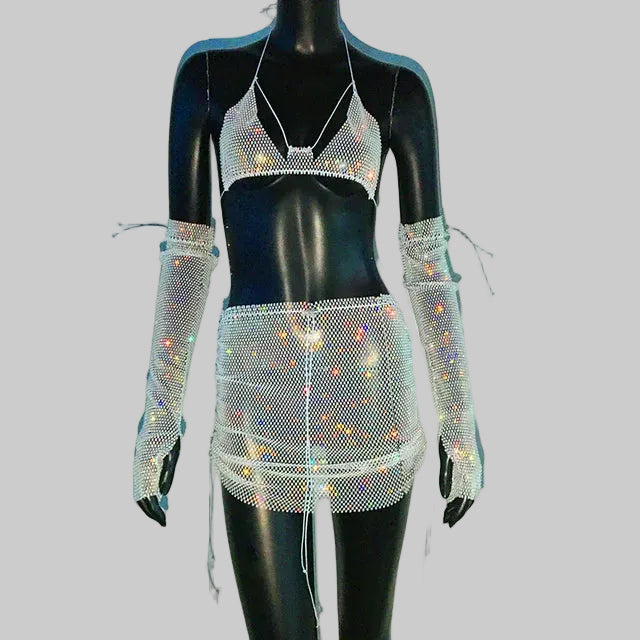 Rhinestone Three-Piece Set - Backless Crop Top, Skirt & Sleeves