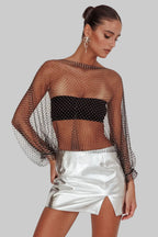 Rhinestone Fishnet Mesh Crop Top - Long Sleeve See-Through Top