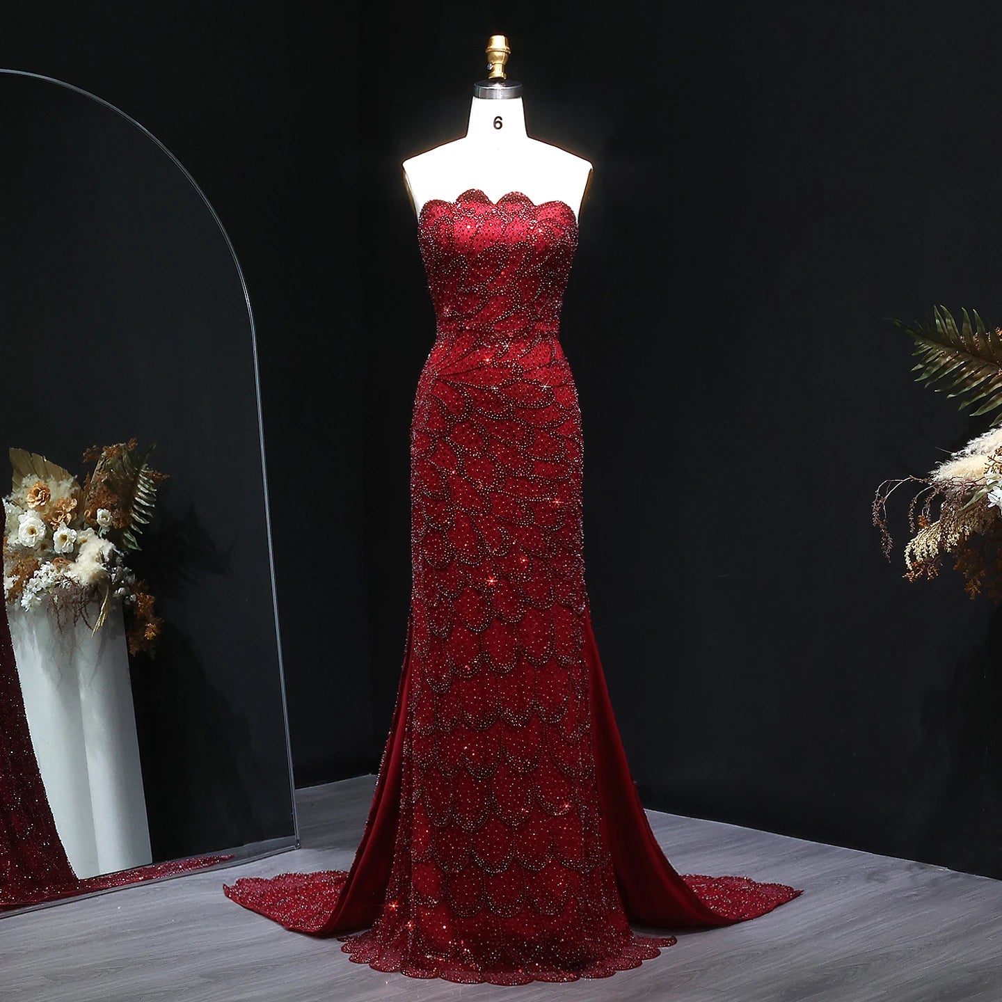 Beaded Sequin Strapless Mermaid Pageant Gown | Court Train | 6 Colors