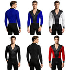 Men's Rhinestone Dance Leotard | V-Neck & Satin Collar | Long Sleeve