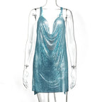 Sparkly Metal Sequin Halter Mini Dress - Backless Side Split Party Dress