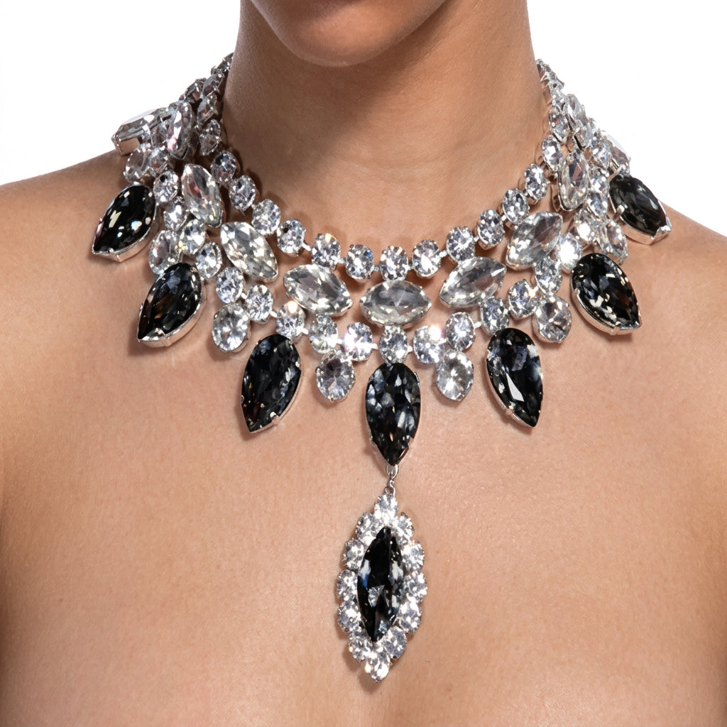 Rhinestone Necklace | Black Teardrop Statement