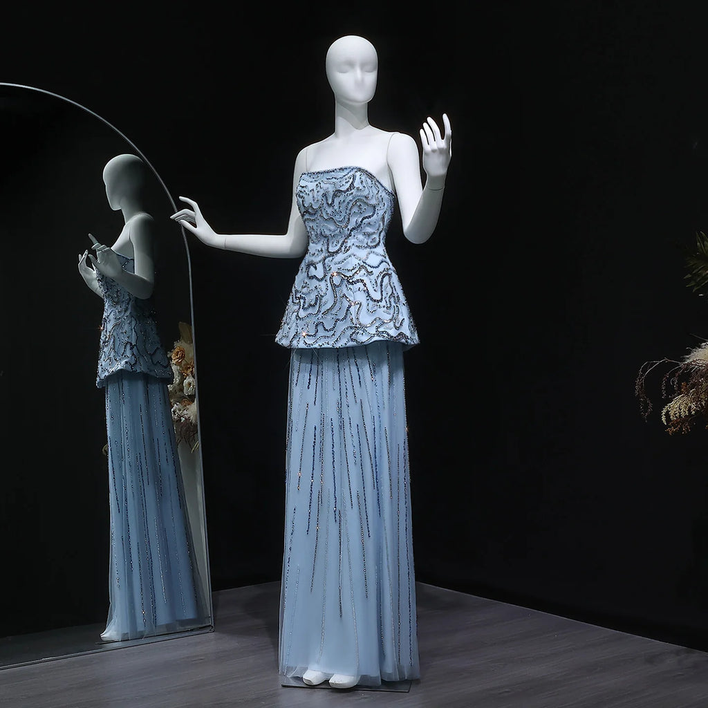 Two-Piece Peplum Gown | Beaded Strapless | Blue & Rose Pink