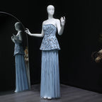 Two-Piece Peplum Gown | Beaded Strapless | Blue & Rose Pink
