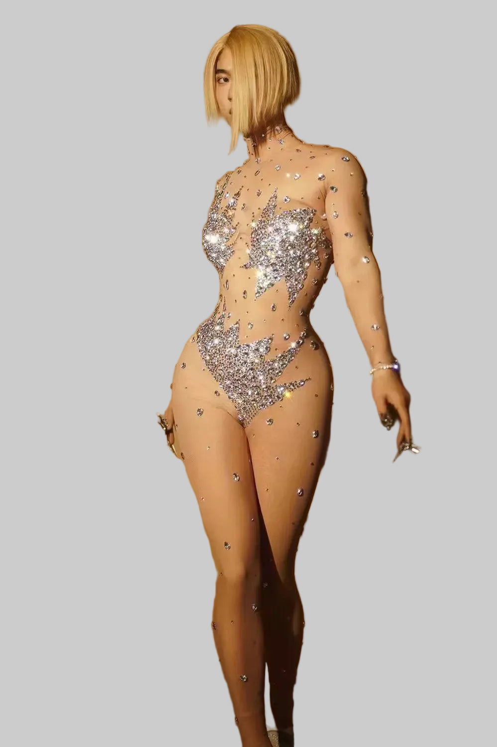 Diamond Mesh Jumpsuit - Sparkly Stretch Performance Costume for Dancers & Parties
