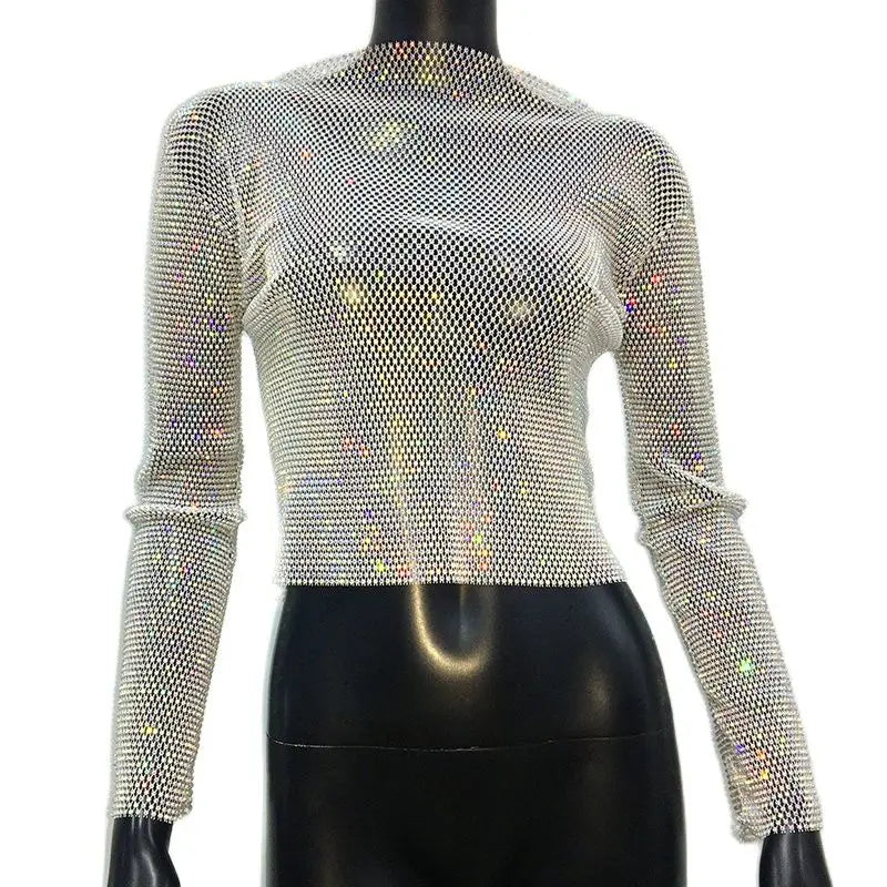 Rhinestone Fishnet Mesh Long Sleeve Top - Sheer Starlight Party Tee