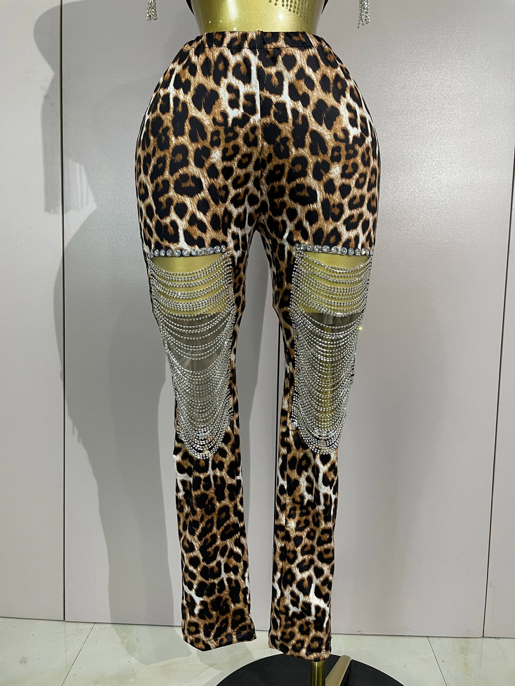 Leopard Rhinestone Chain Two-Piece Set | Crop Top & Pants