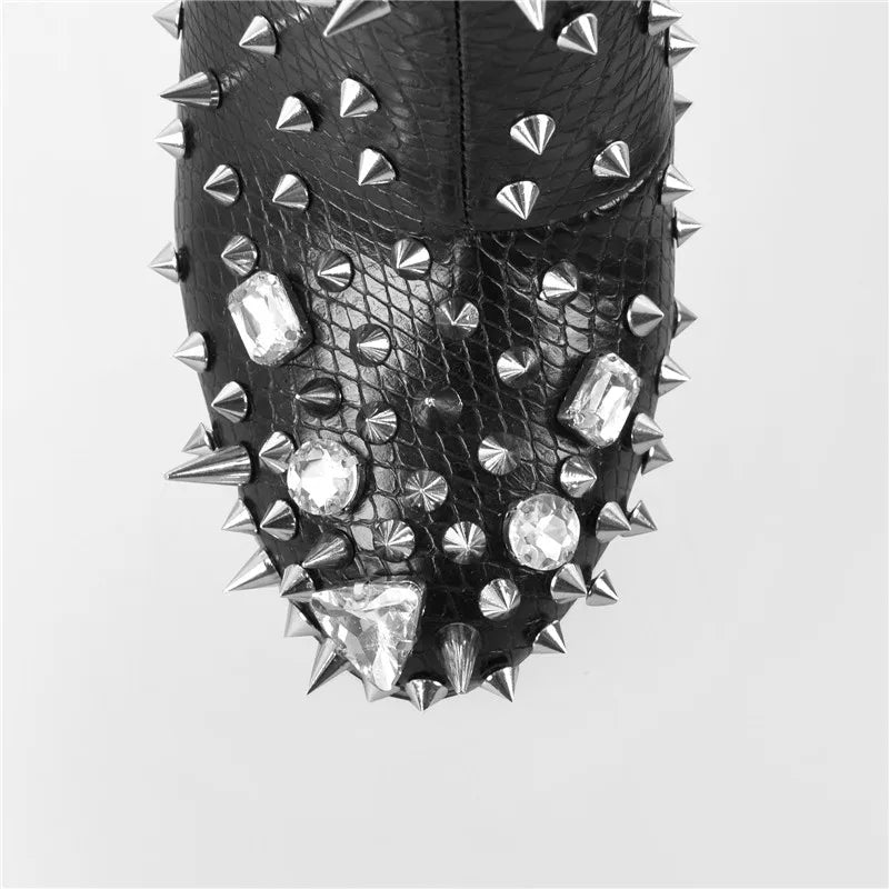 Rhinestone Rivet Platform Ankle Boots | Round Toe Stiletto | Black