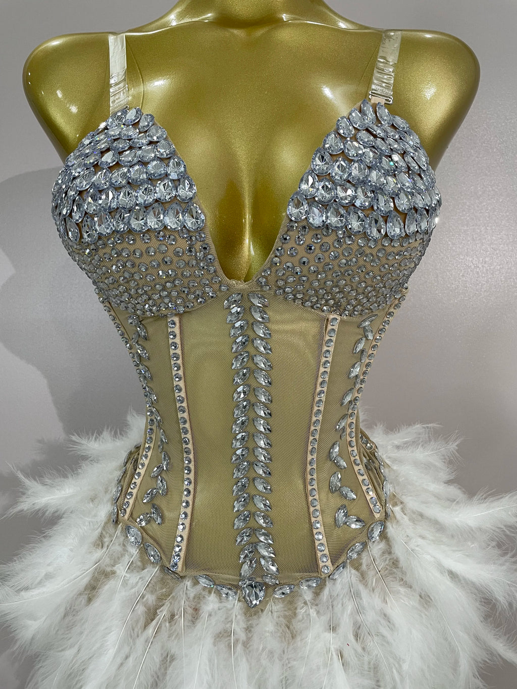 Rhinestone Feather Train Bodysuit | Stage Dress | S–XL