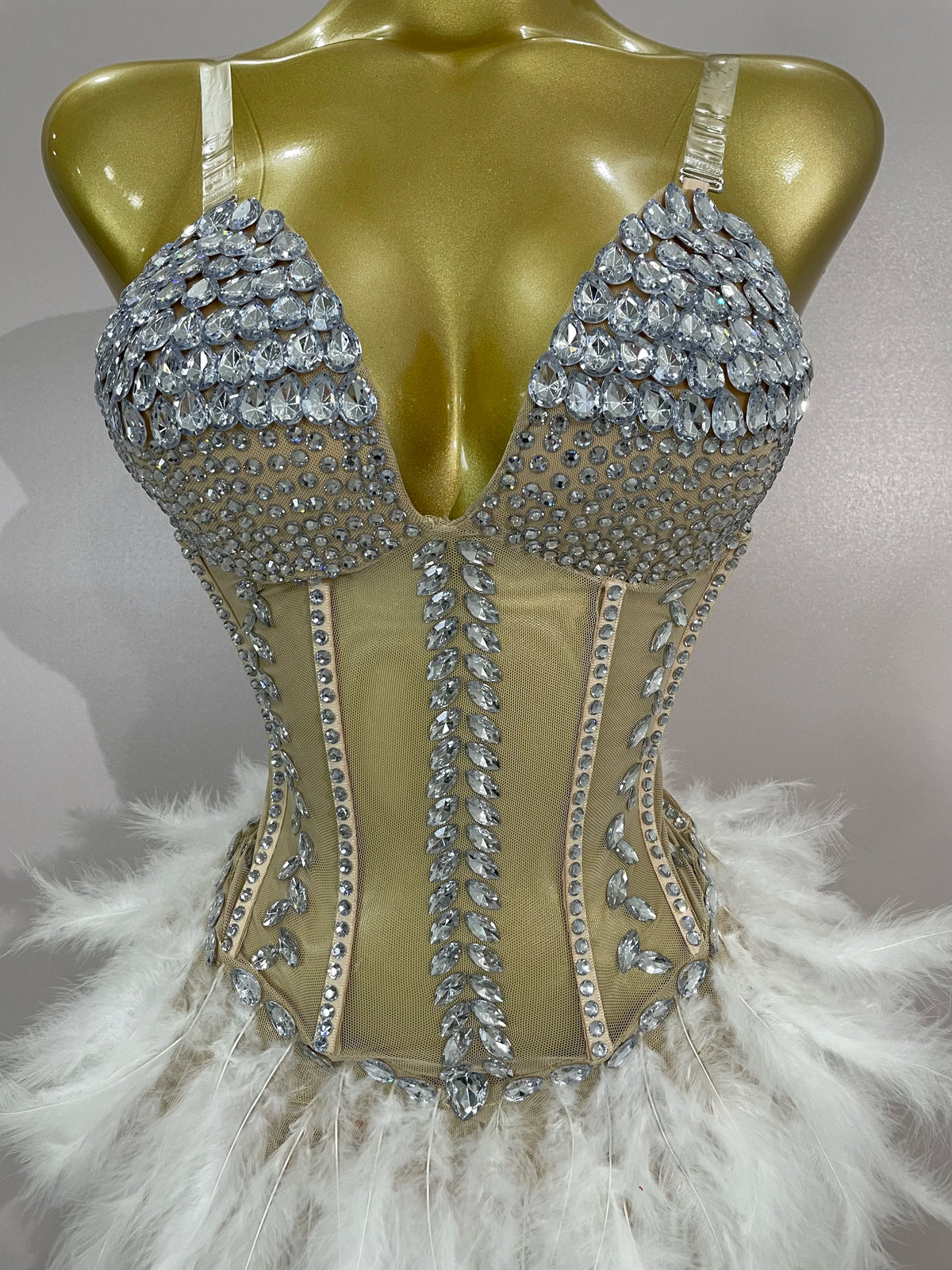 Rhinestone Feather Train Bodysuit | Stage Dress | S–XL