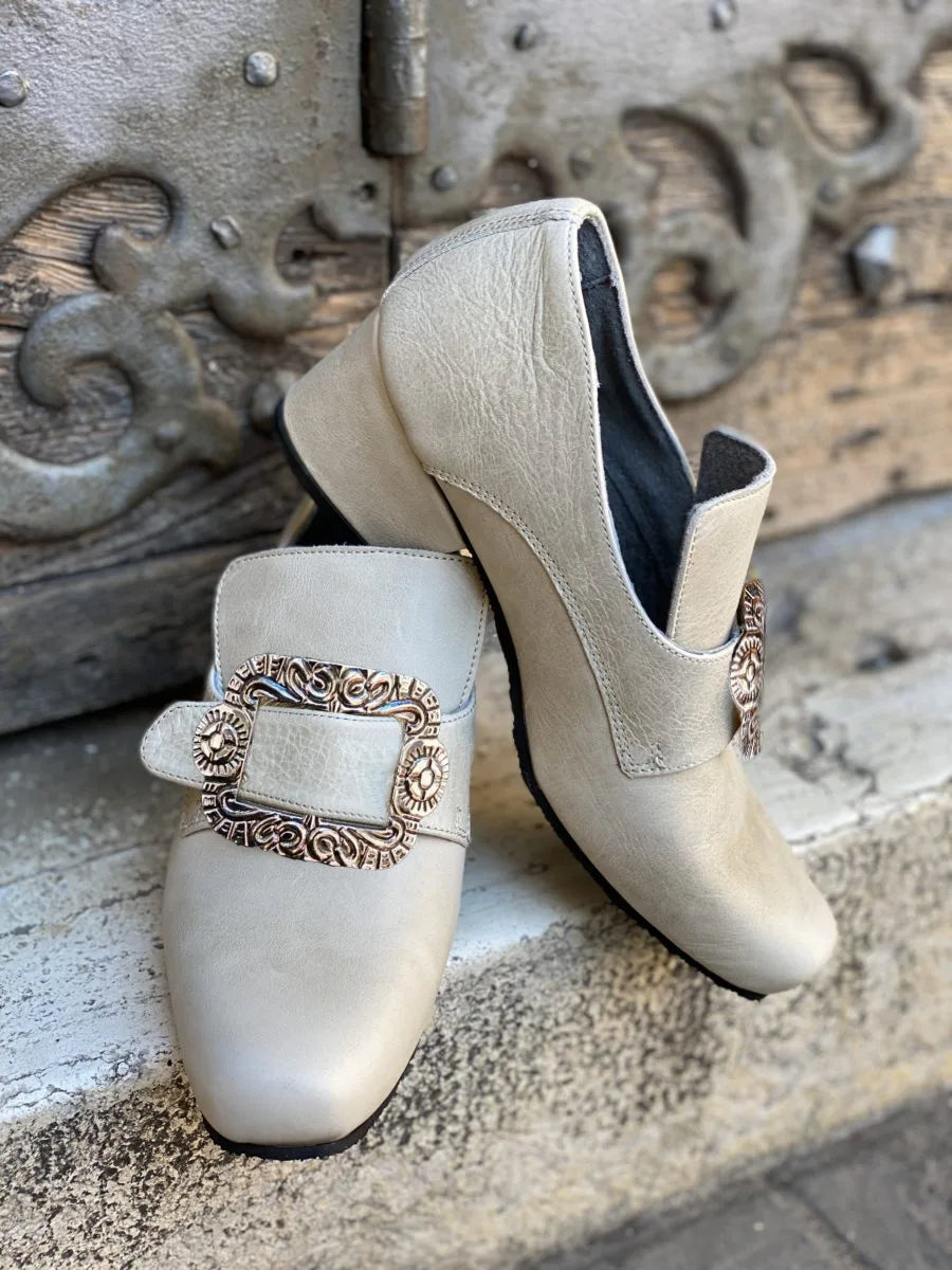 Victorian Buckle Court Shoe | Block Heel | Black, Beige, Grey & Blue