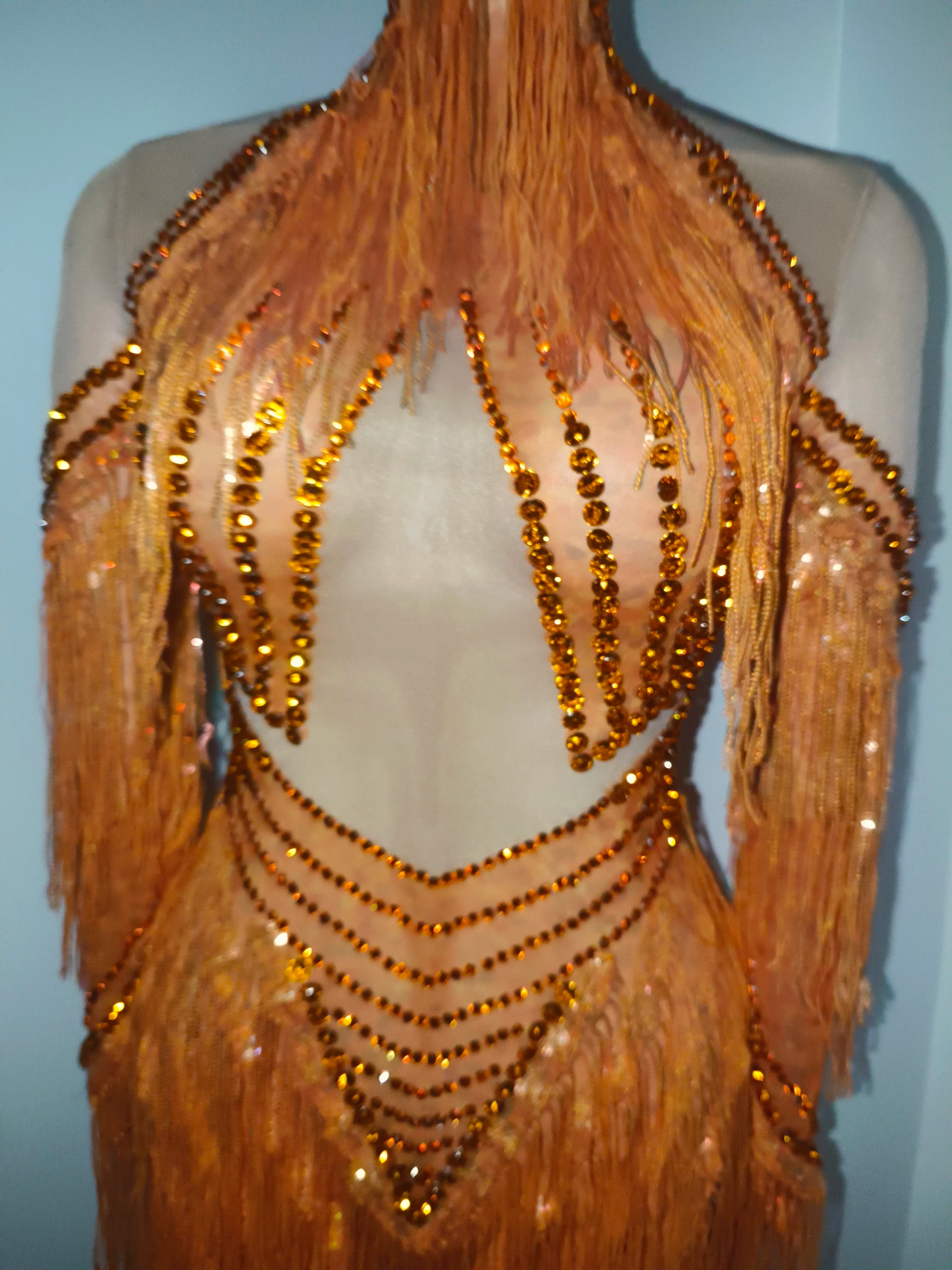 Orange Rhinestone Chain Tassel Sleeve Mesh Gown | Stage