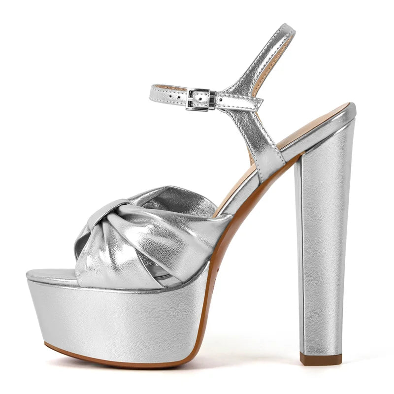Gold Platform Sandal | Peep Toe Bow Knot | Chunky High Heel