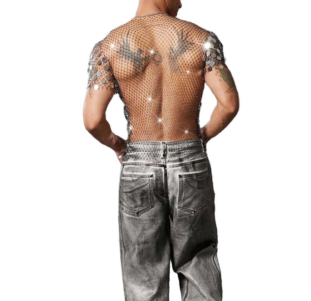 Men’s Sequin Mesh Top | Silver Discs