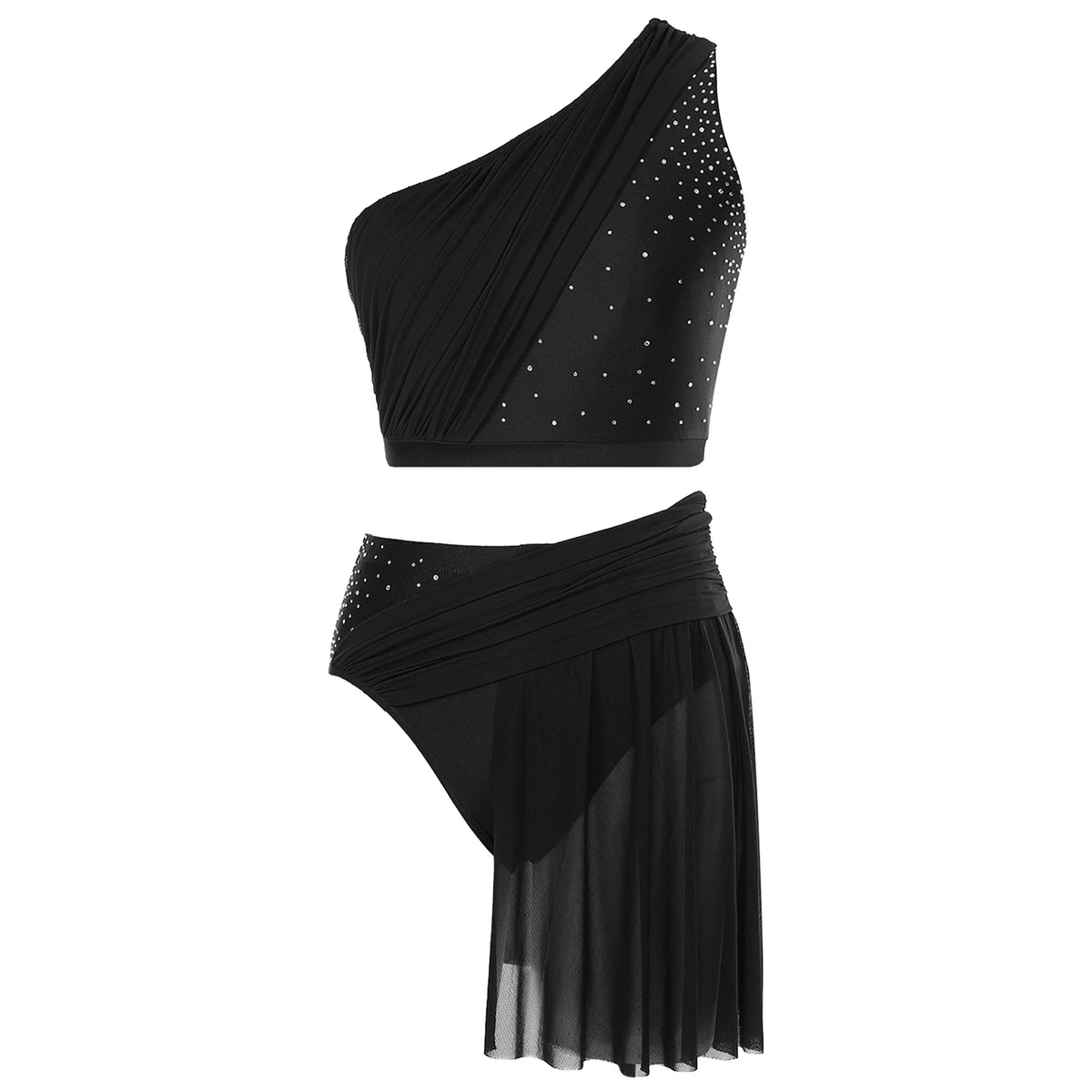 One Shoulder Rhinestone Dance Set | Crop Top & Skirted Brief
