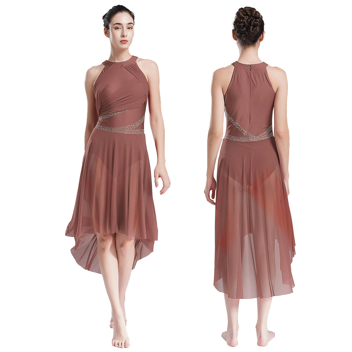Women's Rhinestone Ruched Lyrical Dance Dress | Halter | Asymmetric Hem | 6 Colors | S–XXL