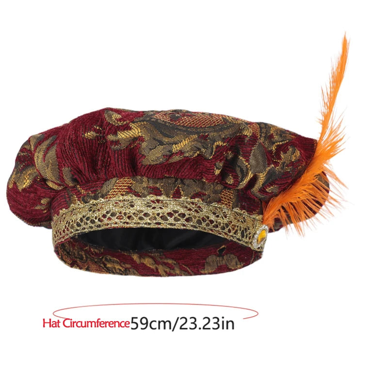 Medieval Feathered Beret Hat | Jacquard Court Cap | Cosplay