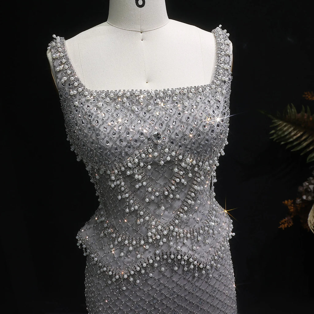 Crystal Beaded Column Pageant Gown | Square Neck | Champagne, Gray & Wine Red
