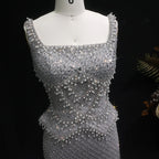 Crystal Beaded Column Pageant Gown | Square Neck | Champagne, Gray & Wine Red