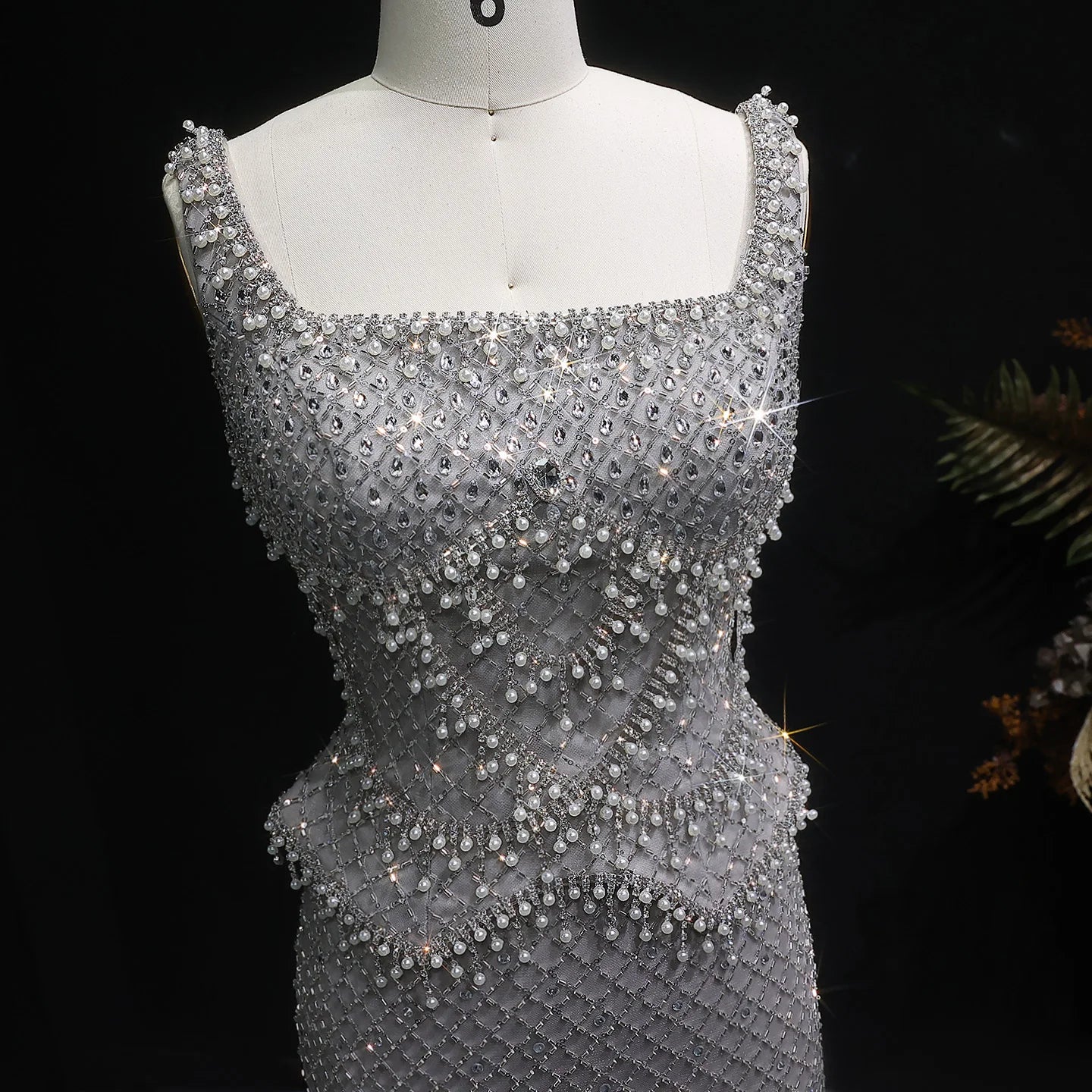Crystal Beaded Column Pageant Gown | Square Neck | Champagne, Gray & Wine Red