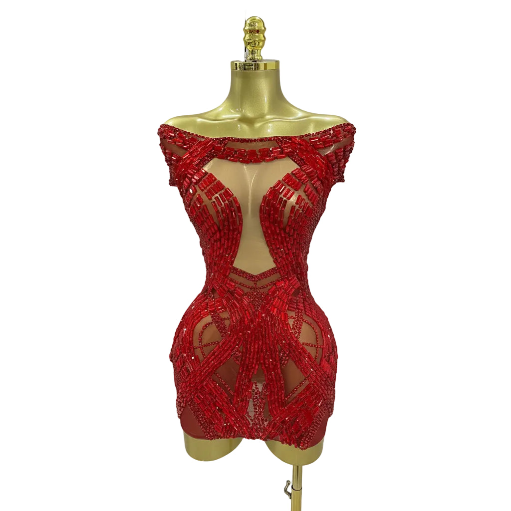 Rhinestone Cutout Mesh Mini Dress | Off-Shoulder | Stage & Performance