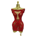 Rhinestone Cutout Mesh Mini Dress | Off-Shoulder | Stage & Performance