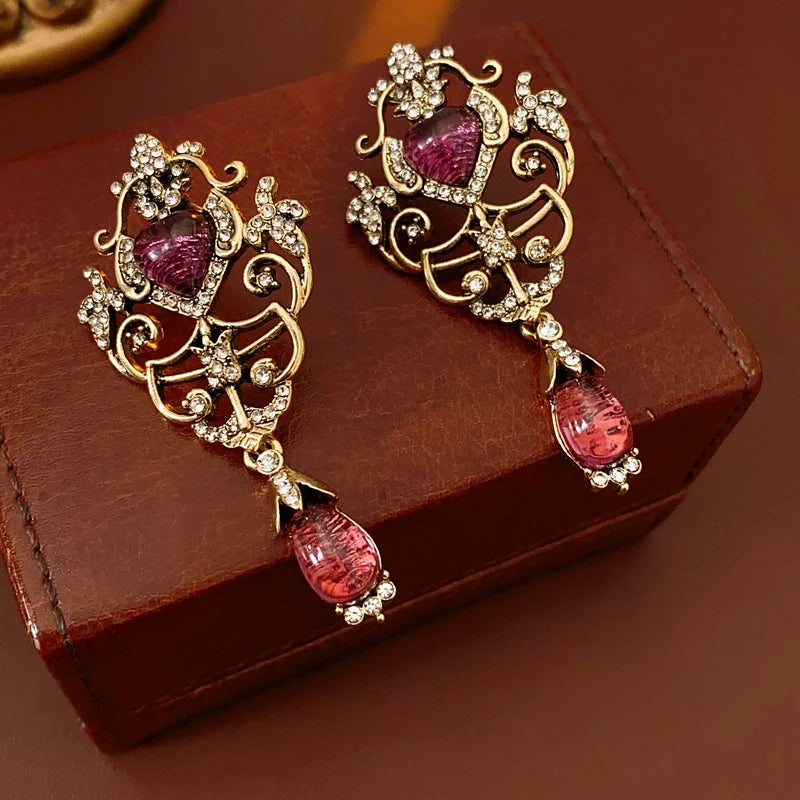 Antique Gold Filigree Drop Earrings | Ruby Crystal