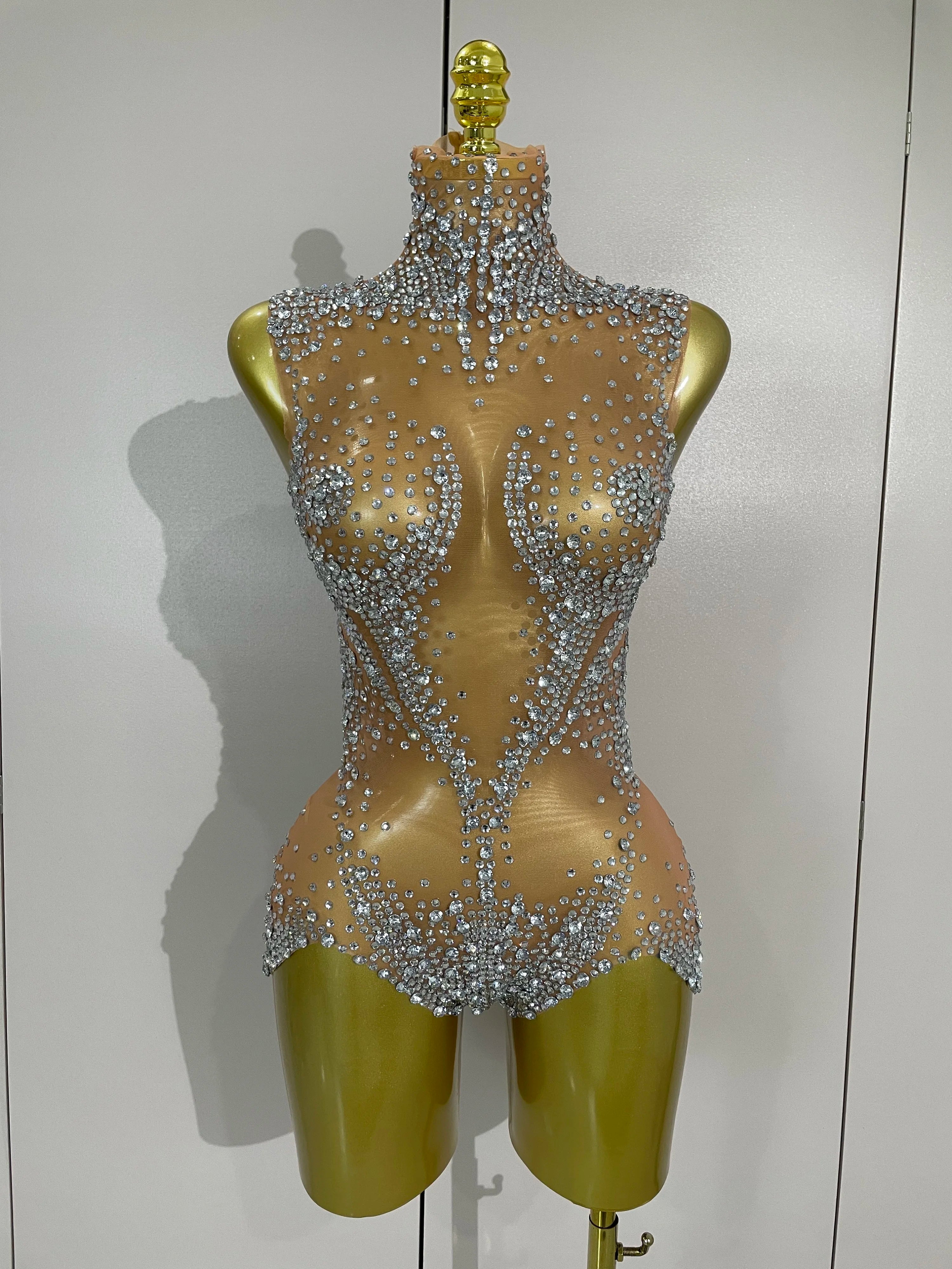 Rhinestone Crystal Bodysuit & Faux Fur Coat | Stage Performance Set