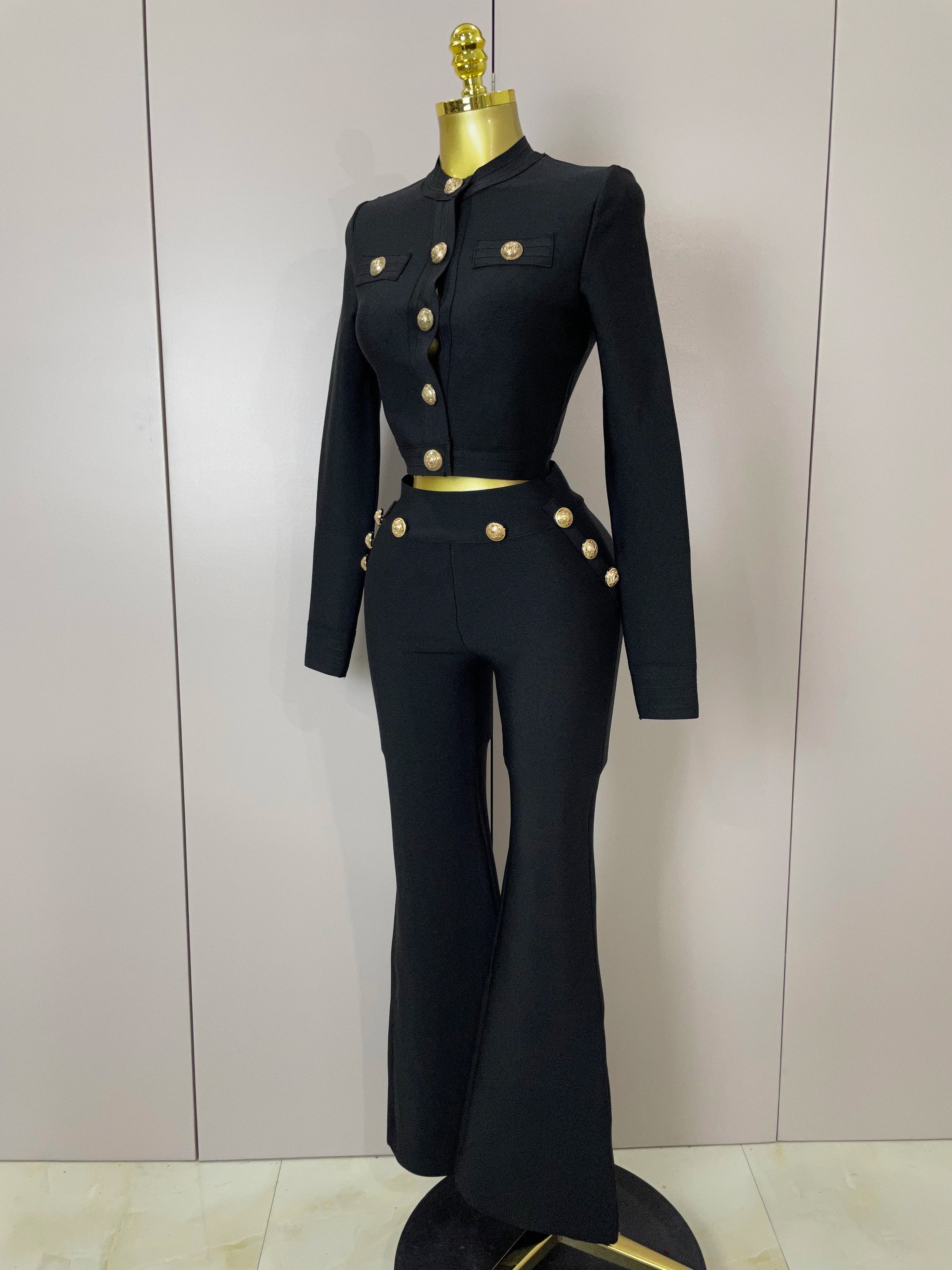 Golden Button Coat & Flare Pants | 2-Piece Stage Set