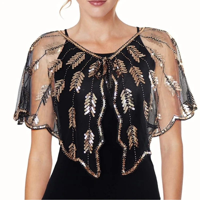 1920s Sequin Leaf Cape | Sheer Mesh Bolero | Flapper Shawl