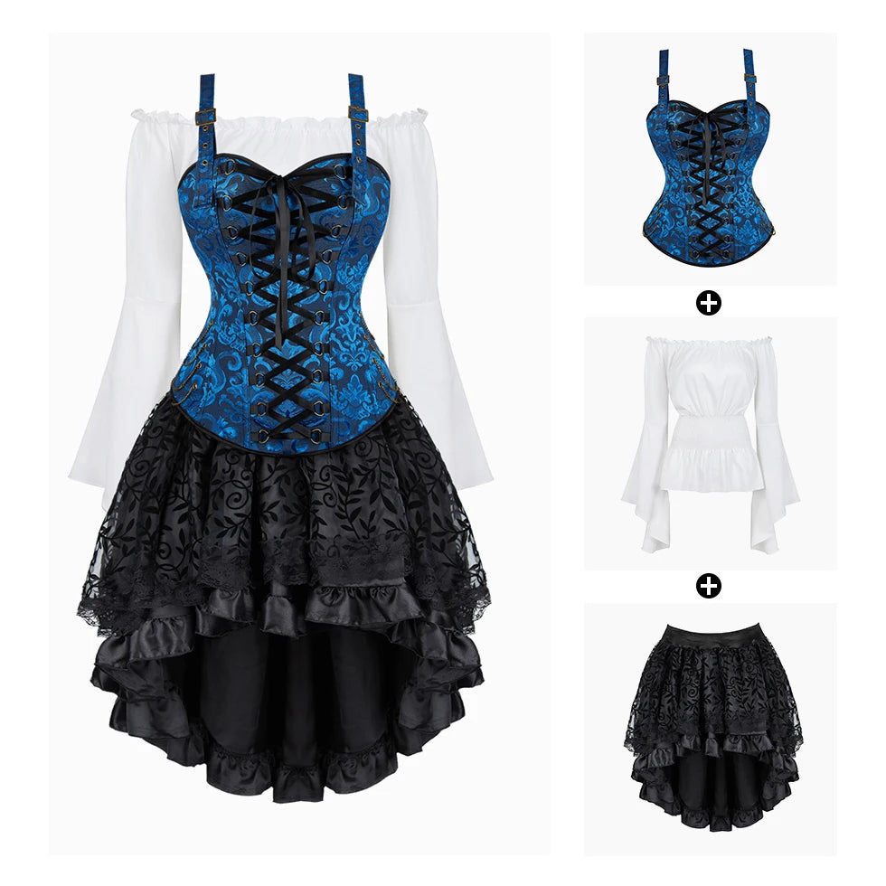 Steampunk Corset Dress | 3-Piece Set | 9 Colors | S-XXXL