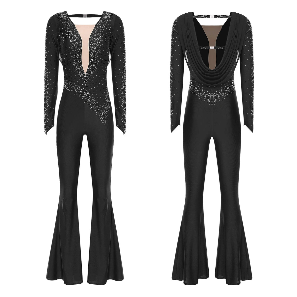 Rhinestone Bell Bottom Jumpsuit | Mesh Overlay | Long Sleeve