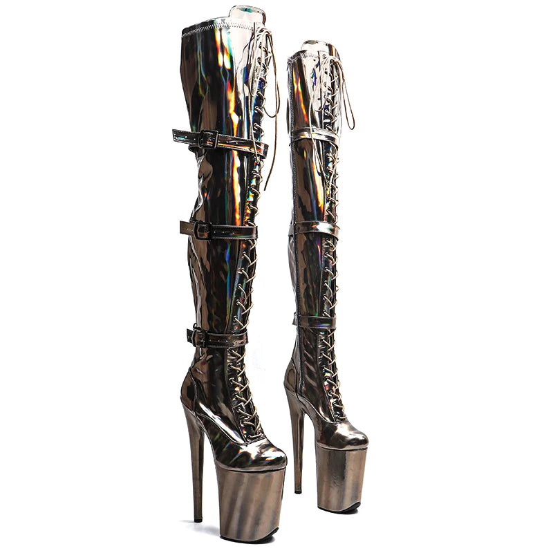 9-Inch Holographic Platform Boots - Lace-Up Dance Boots