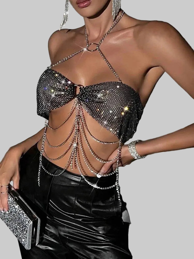 Rhinestone Fishnet Chain Tassel Halter Top - Backless Diamond Tank