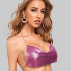 Metallic Glitter Halter Crop Top - Backless Corset Tank